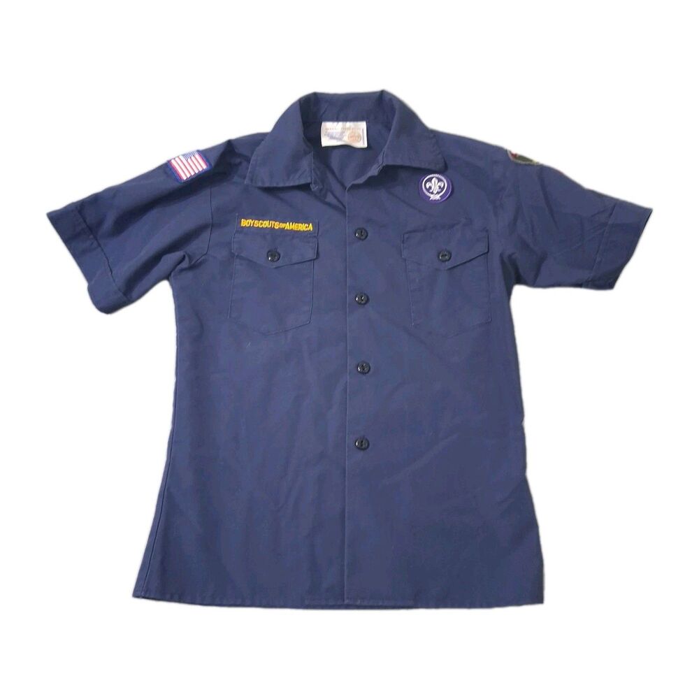 Boy Scout Uniform Shirt BSA Size Youth M Cub Scout Blue Patches Mid America Blue